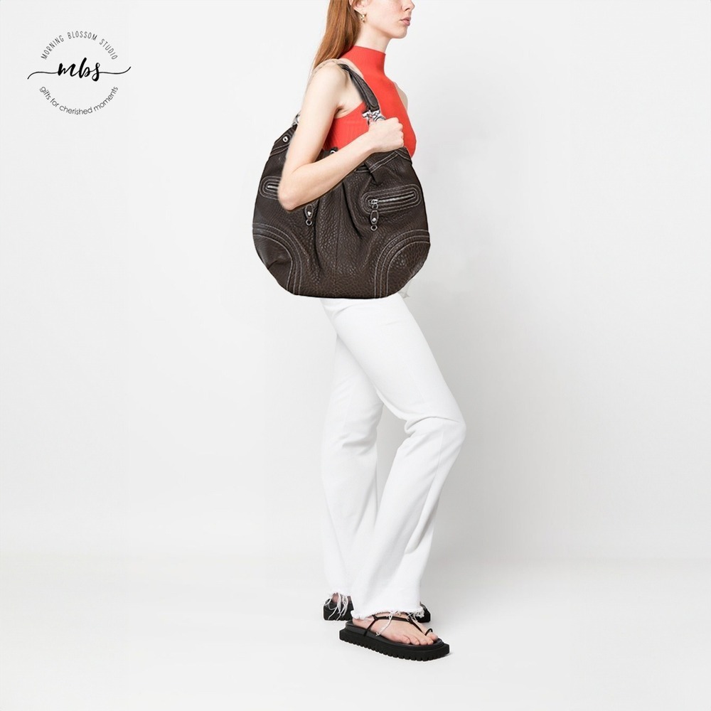 Hype Y2K Vintage Contrast‎ Stitch Pebbled Leather Hobo Shoulder Bag Brown